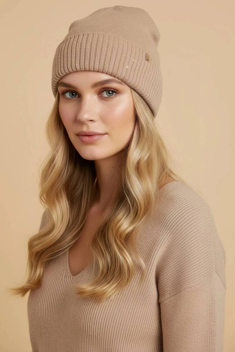 NEW JOSEPH RIBKOFF women's sequined knit beanie in fawn